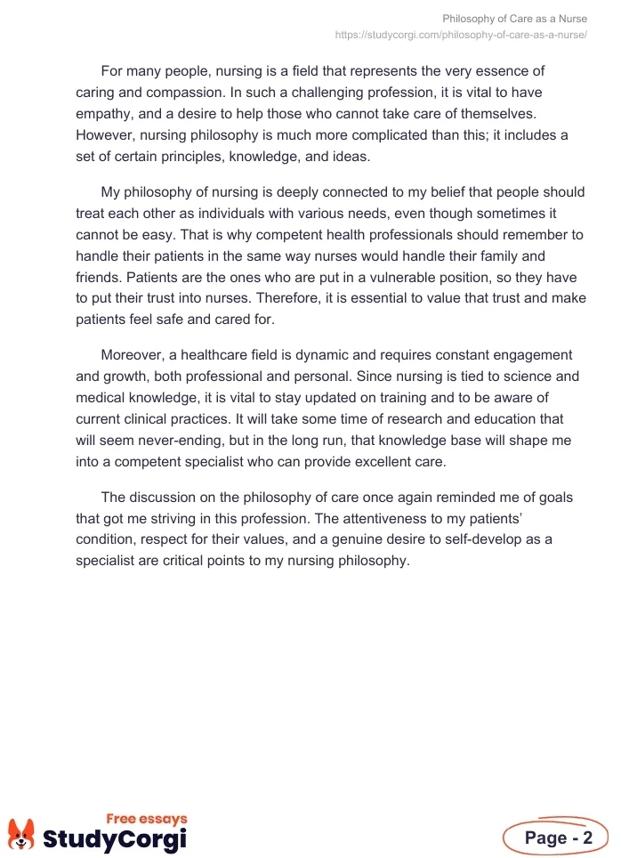 Philosophy of Care as a Nurse. Page 2