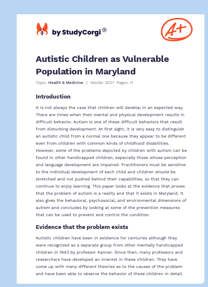 Autistic Children as Vulnerable Population in Maryland. Page 1