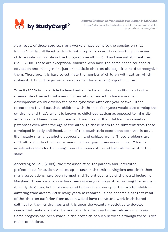 Autistic Children as Vulnerable Population in Maryland. Page 2