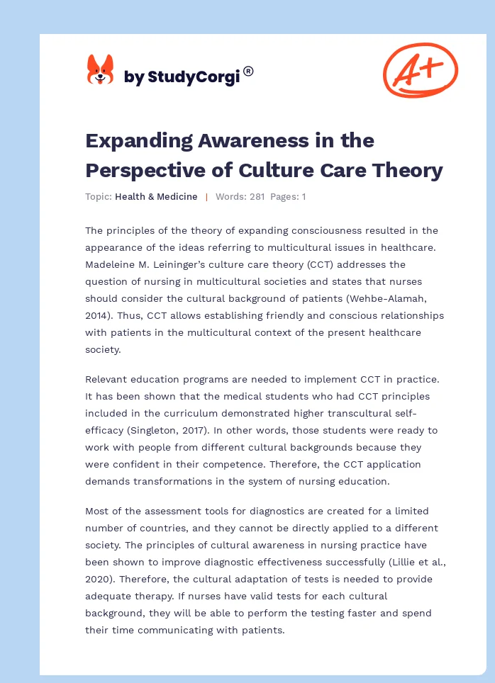 Expanding Awareness in the Perspective of Culture Care Theory. Page 1