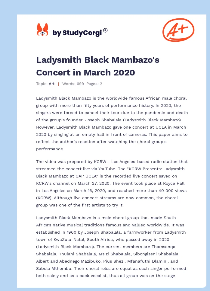 Ladysmith Black Mambazo's Concert in March 2020. Page 1
