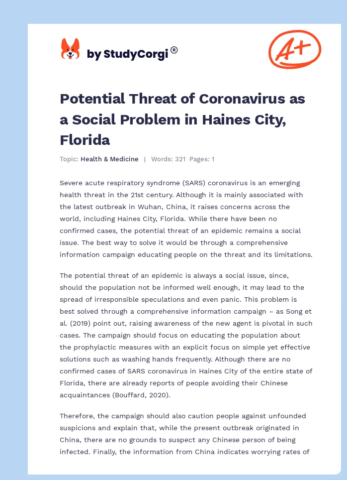 Potential Threat of Coronavirus as a Social Problem in Haines City, Florida. Page 1