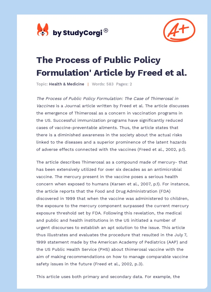 The Process of Public Policy Formulation' Article by Freed et al.. Page 1