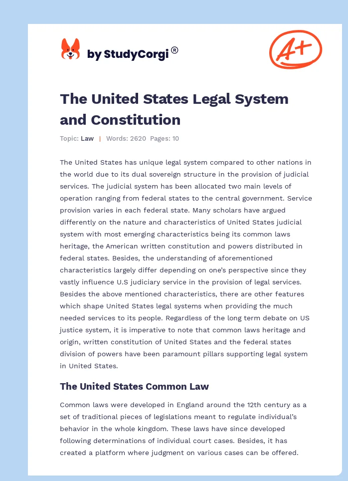 The United States Legal System and Constitution. Page 1