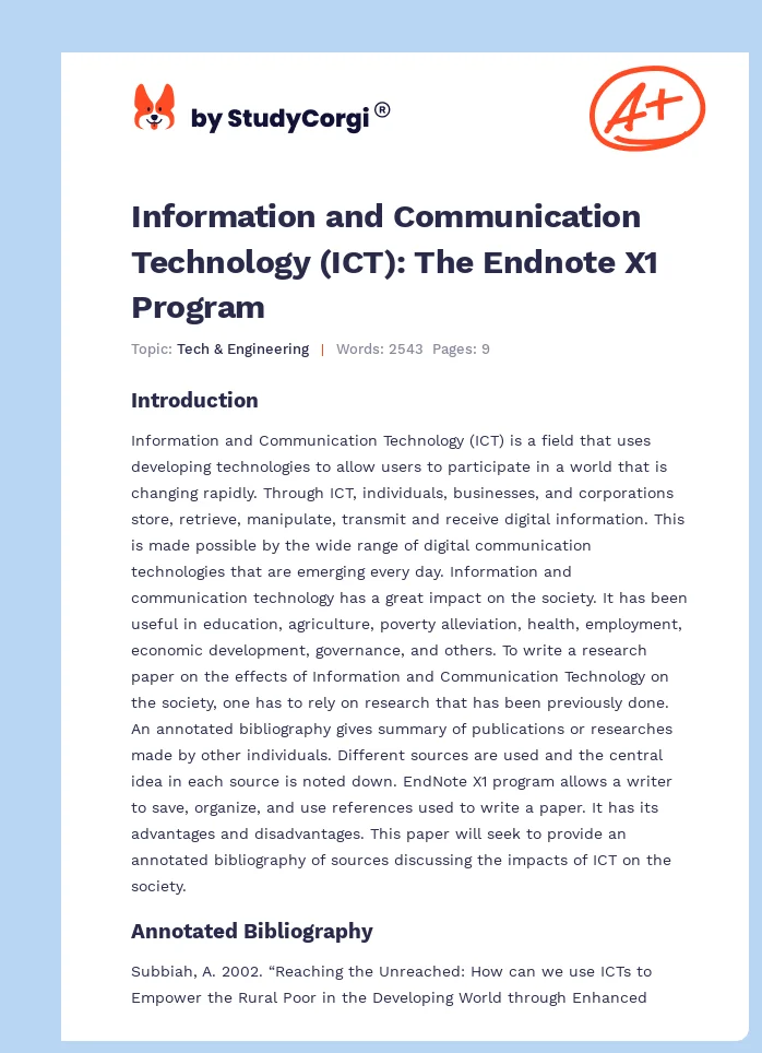 Information and Communication Technology (ICT): The Endnote X1 Program. Page 1