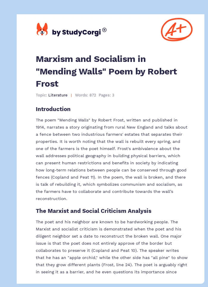 Marxism and Socialism in "Mending Walls" Poem by Robert Frost. Page 1