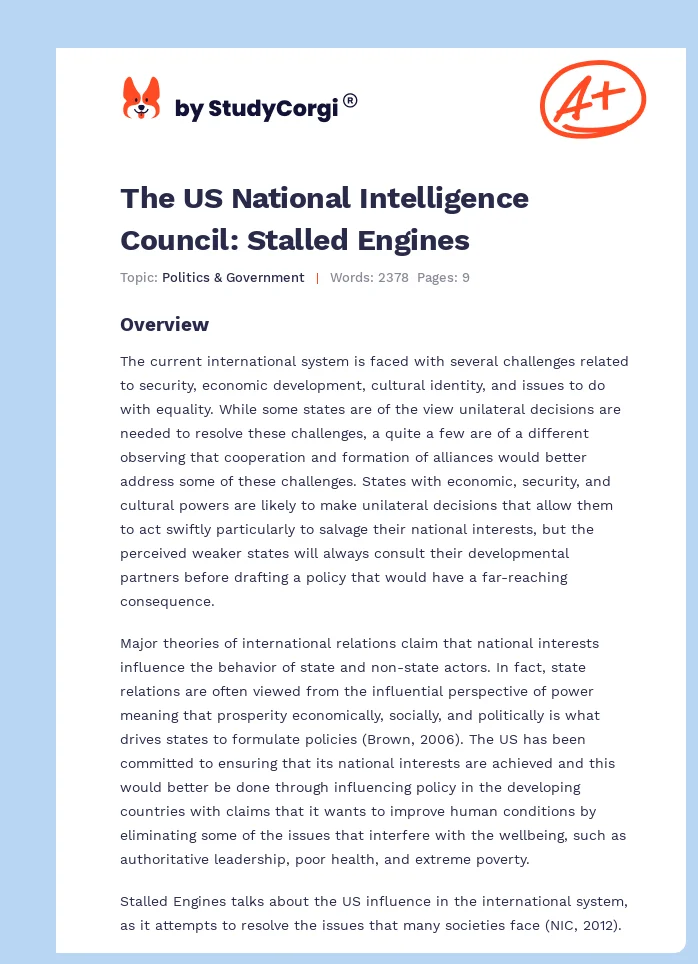 The US National Intelligence Council: Stalled Engines. Page 1