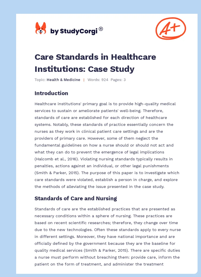 Care Standards in Healthcare Institutions: Case Study. Page 1