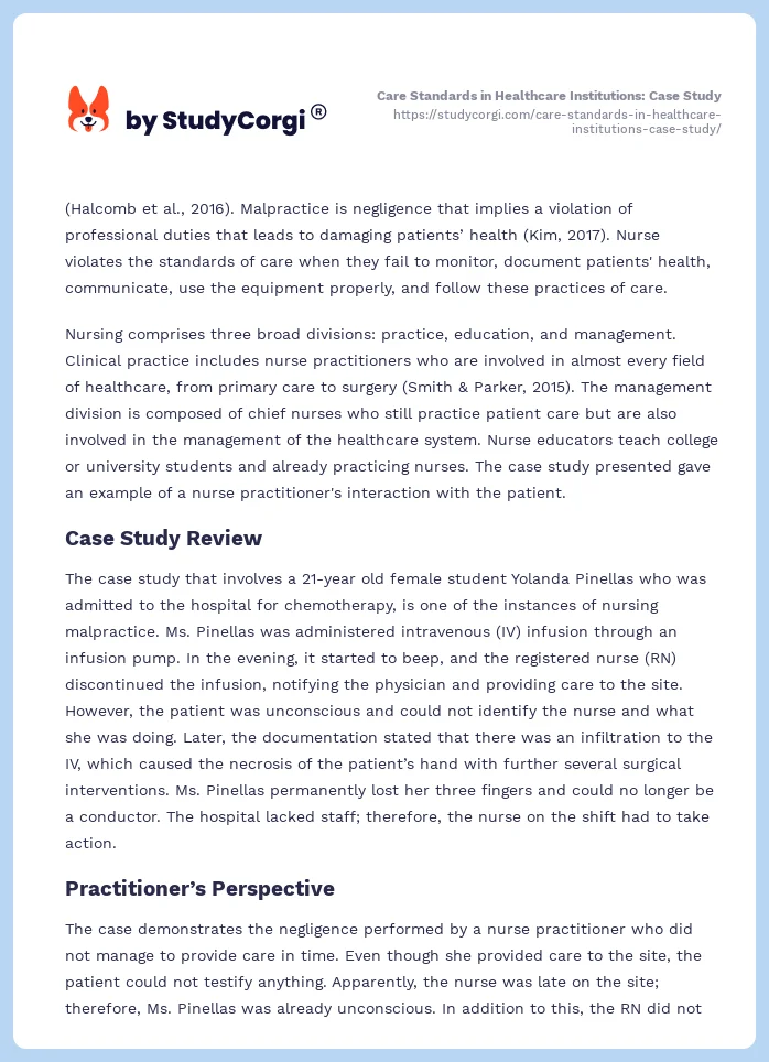 Care Standards in Healthcare Institutions: Case Study. Page 2