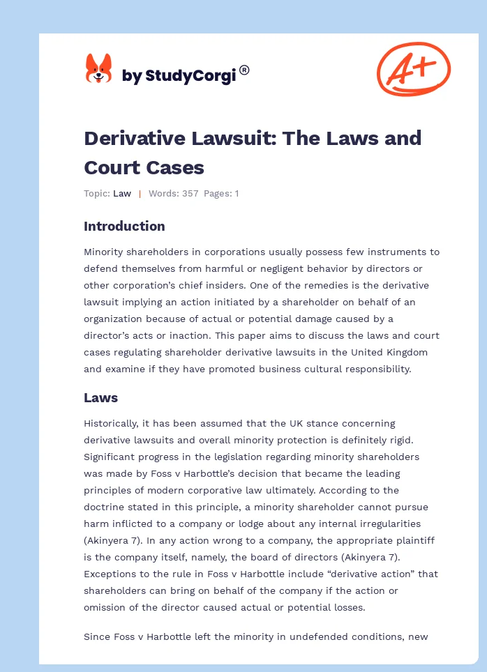 Derivative Lawsuit: The Laws and Court Cases. Page 1