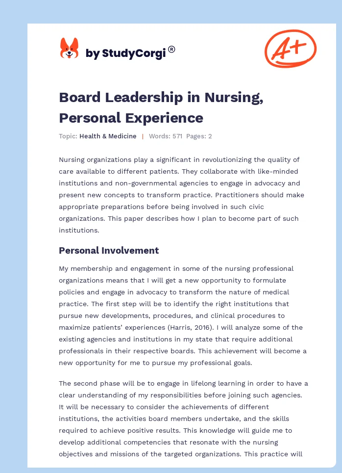 Board Leadership in Nursing, Personal Experience. Page 1