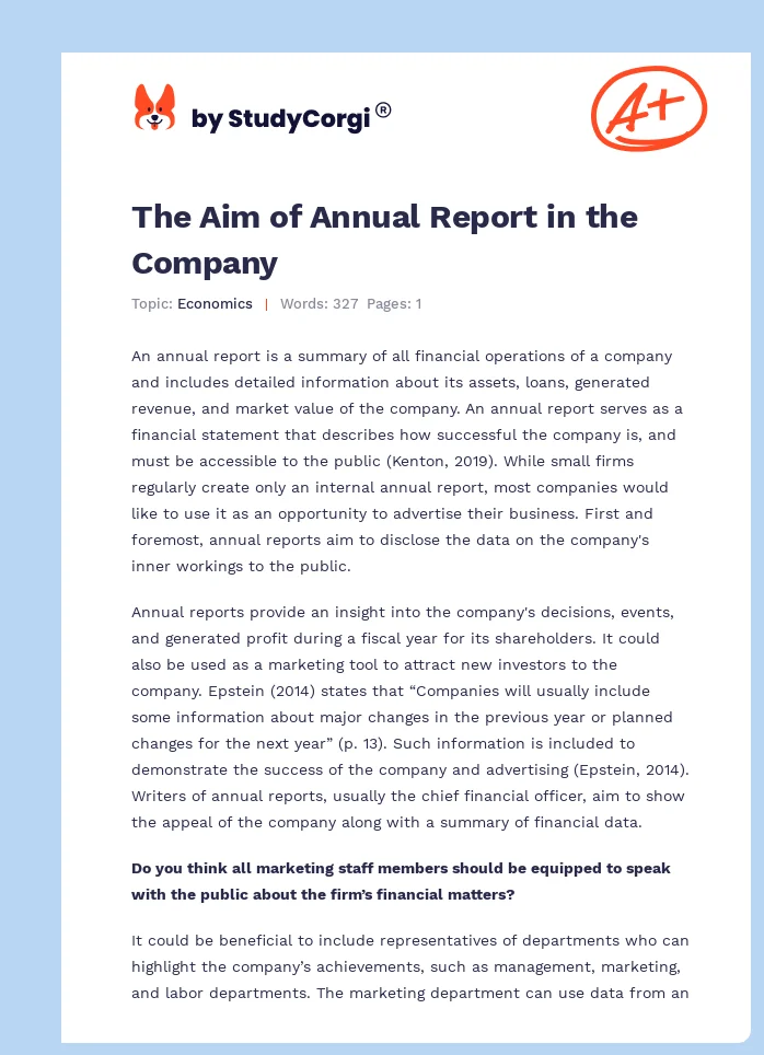 The Aim of Annual Report in the Company. Page 1