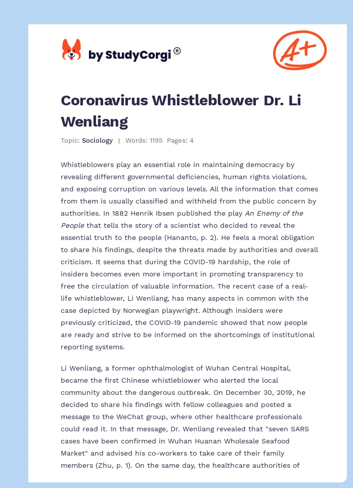 Coronavirus Whistleblower Dr. Li Wenliang. Page 1