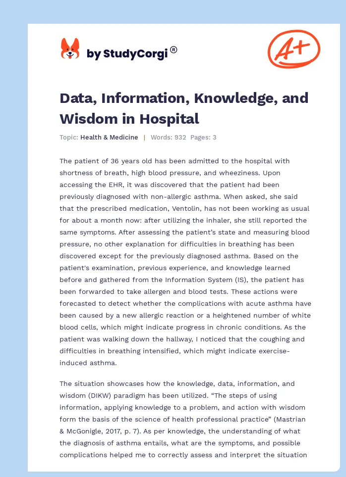 Data, Information, Knowledge, and Wisdom in Hospital. Page 1