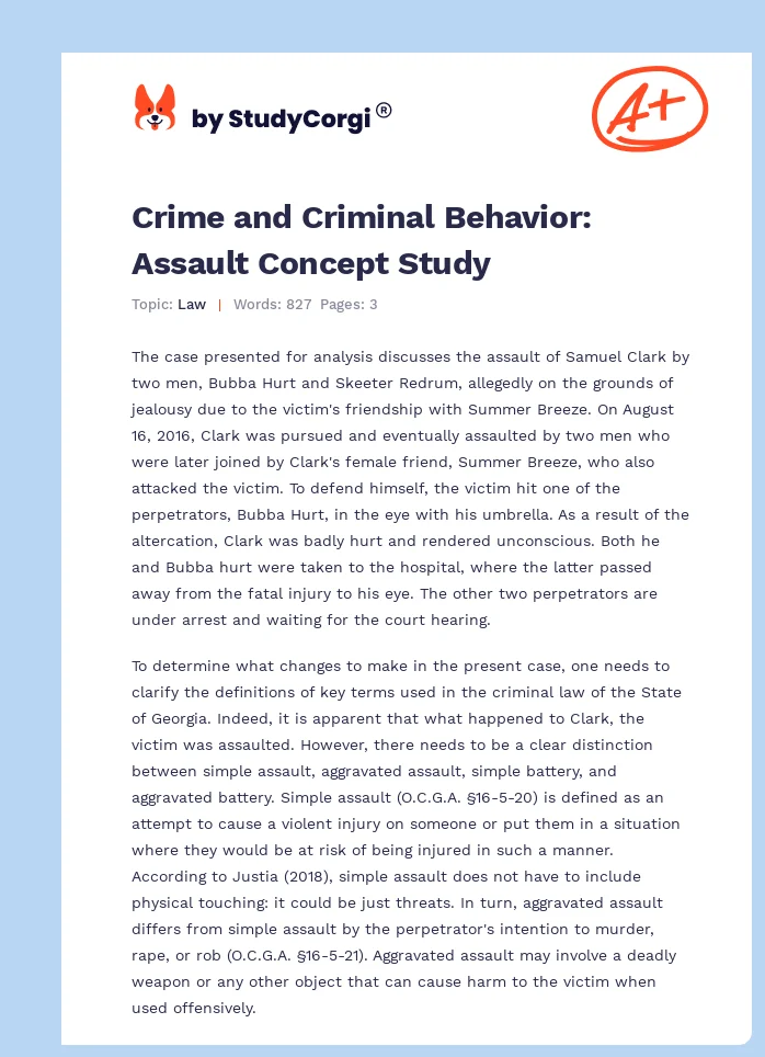 Crime and Criminal Behavior: Assault Concept Study. Page 1