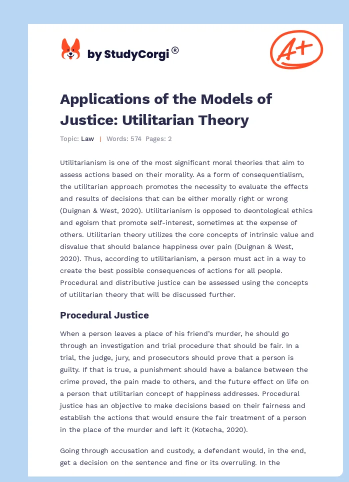 Applications of the Models of Justice: Utilitarian Theory. Page 1