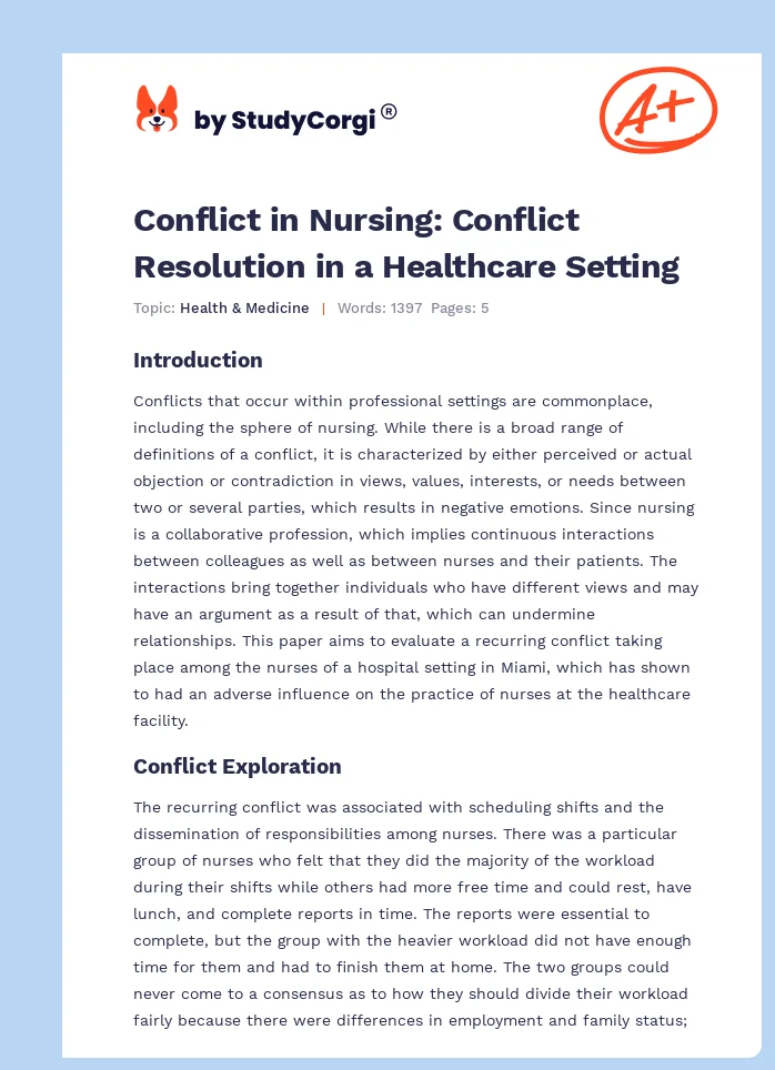 Conflict in Nursing: Conflict Resolution in a Healthcare Setting. Page 1