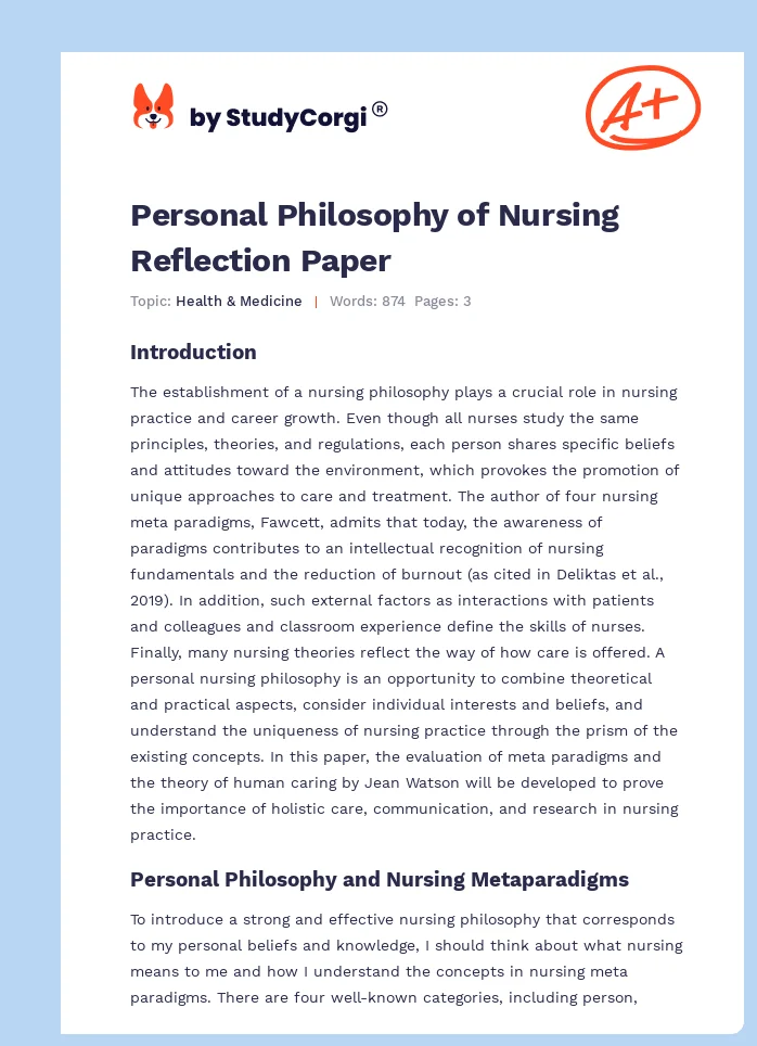 Personal Philosophy of Nursing Reflection Paper. Page 1