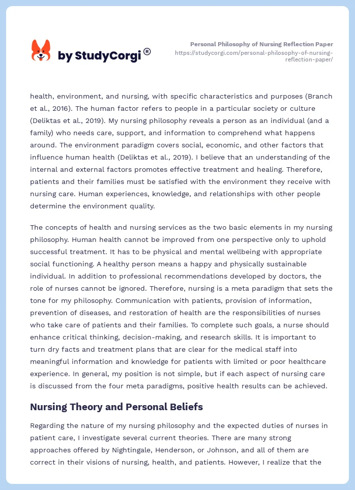 Personal Philosophy of Nursing Reflection Paper. Page 2