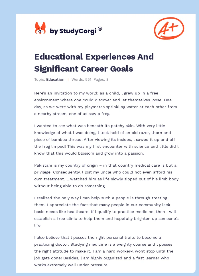 Educational Experiences And Significant Career Goals. Page 1