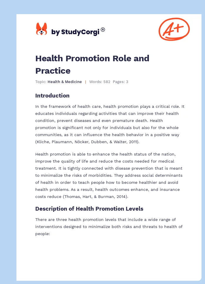 Health Promotion Role and Practice. Page 1