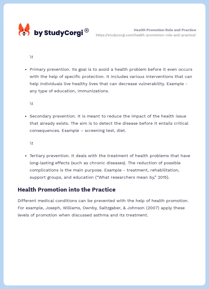 Health Promotion Role and Practice. Page 2