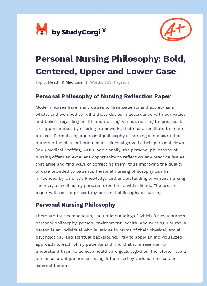 Personal Nursing Philosophy: Bold, Centered, Upper and Lower Case. Page 1
