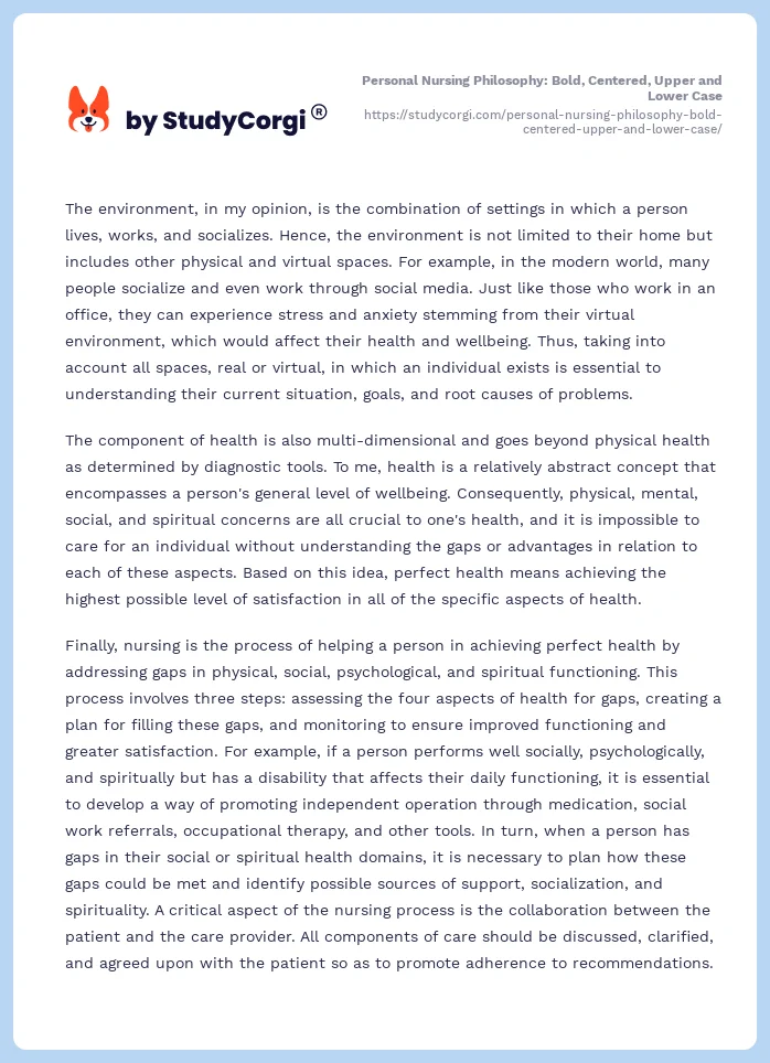 Personal Nursing Philosophy: Bold, Centered, Upper and Lower Case. Page 2