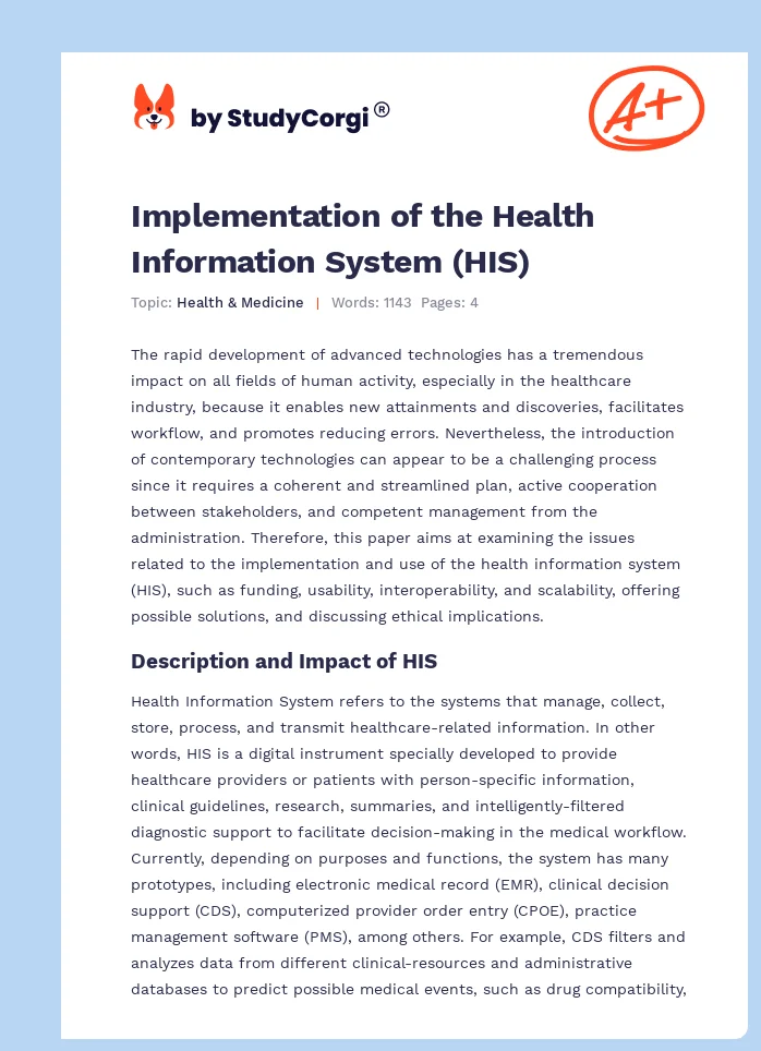 Implementation of the Health Information System (HIS). Page 1