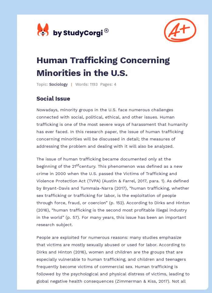 Human Trafficking Concerning Minorities in the U.S.. Page 1