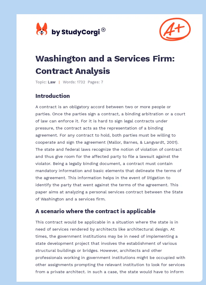 Washington and a Services Firm: Contract Analysis. Page 1