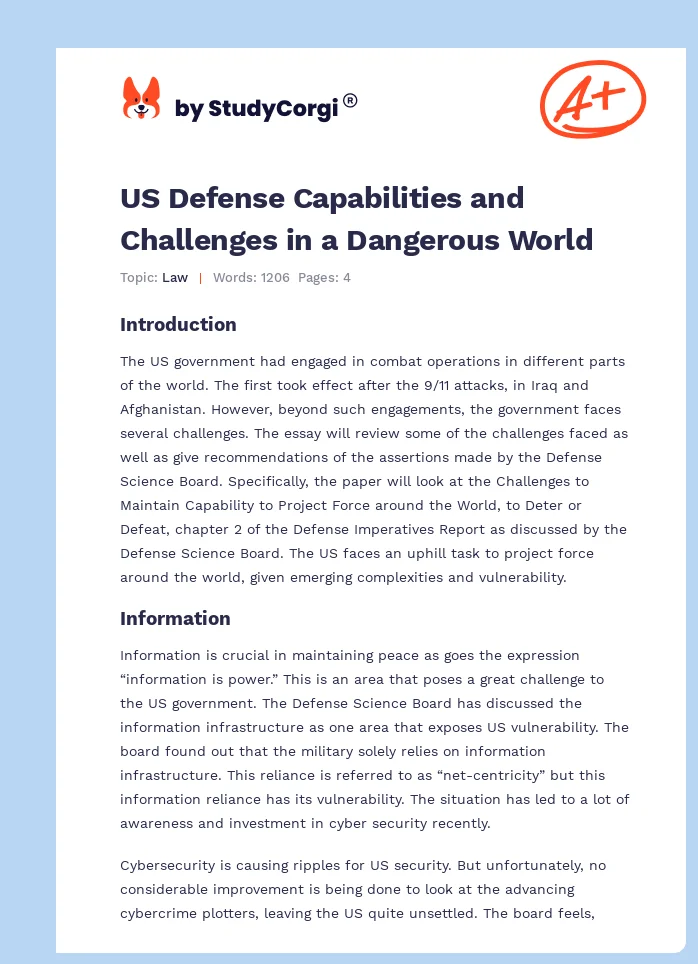 US Defense Capabilities and Challenges in a Dangerous World. Page 1