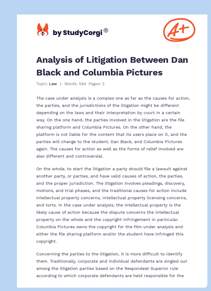Analysis of Litigation Between Dan Black and Columbia Pictures. Page 1