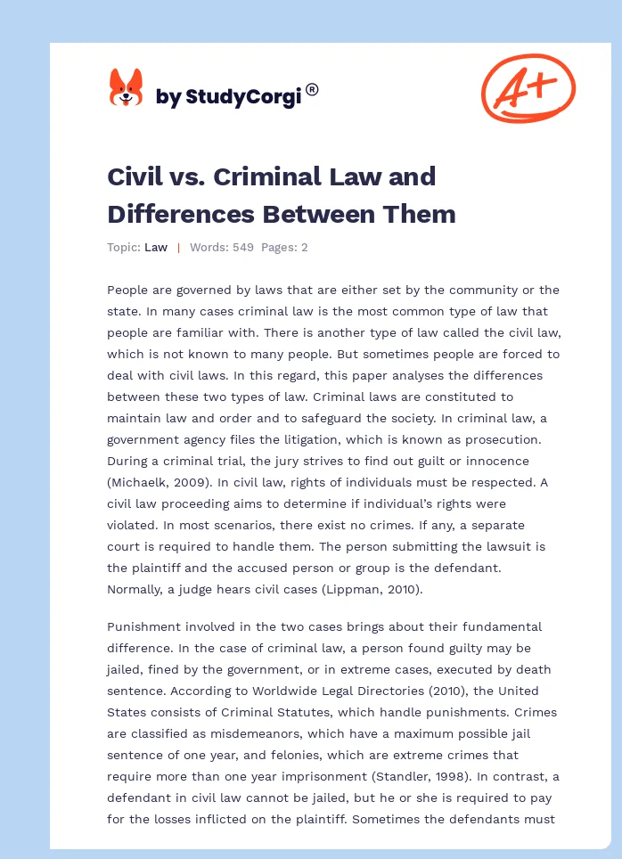 Civil vs. Criminal Law and Differences Between Them. Page 1