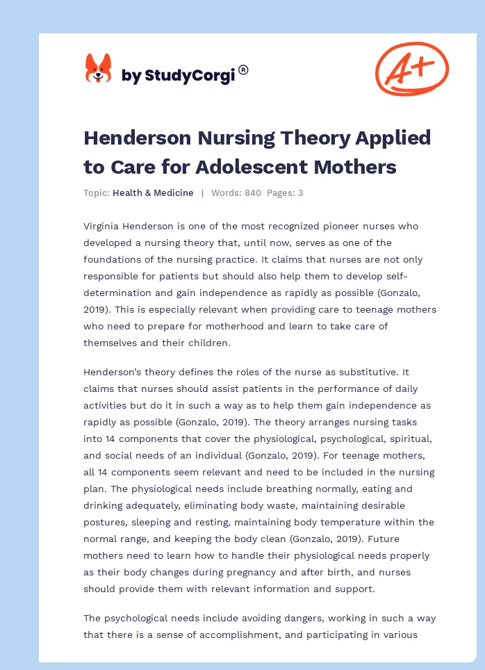 Henderson Nursing Theory Applied to Care for Adolescent Mothers. Page 1