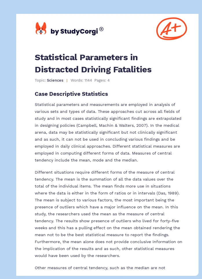 Statistical Parameters in Distracted Driving Fatalities. Page 1