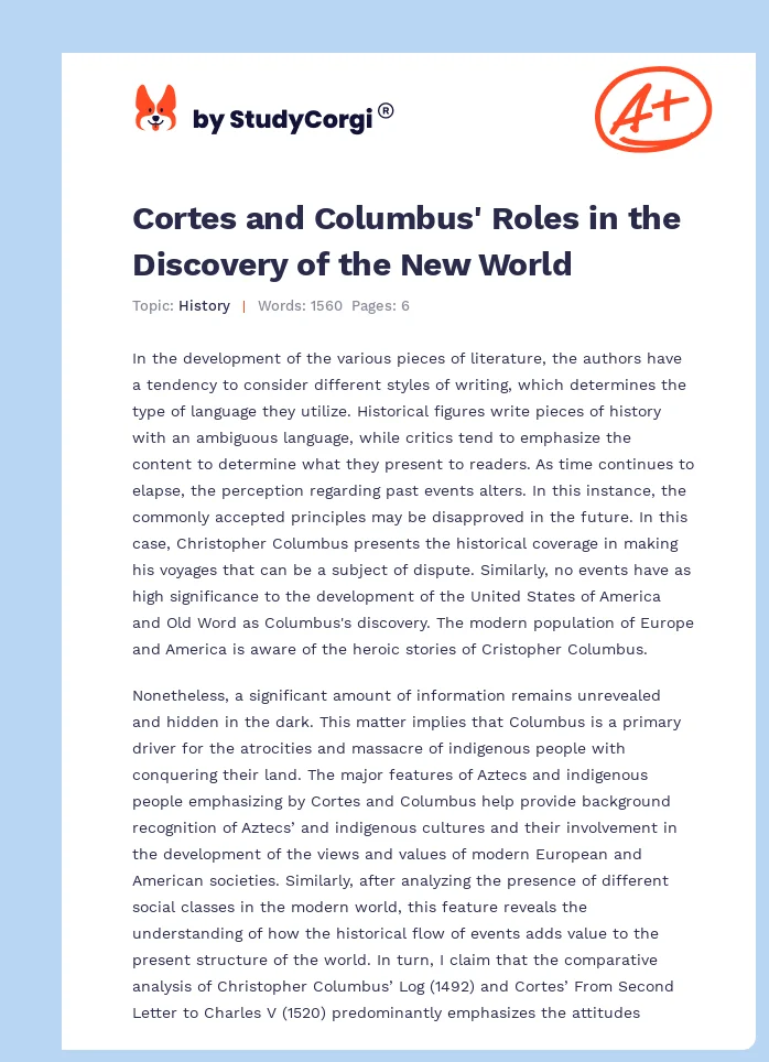 Cortes and Columbus' Roles in the Discovery of the New World. Page 1