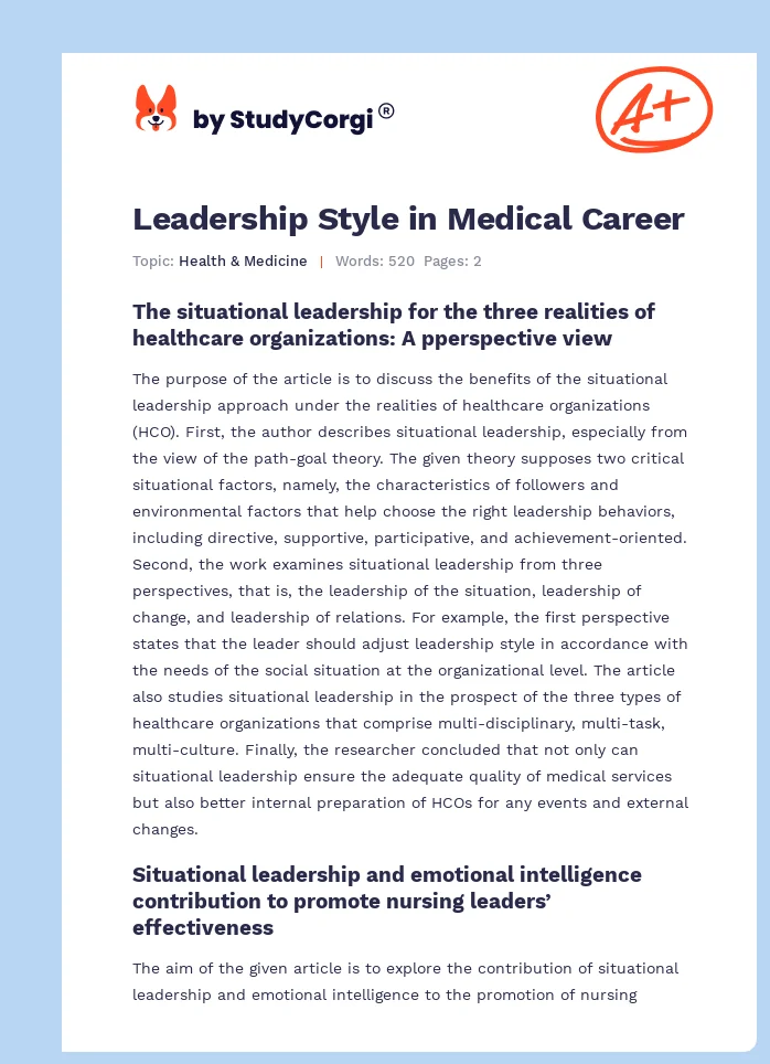 Leadership Style in Medical Career. Page 1