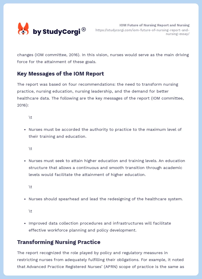 IOM Future of Nursing Report and Nursing. Page 2
