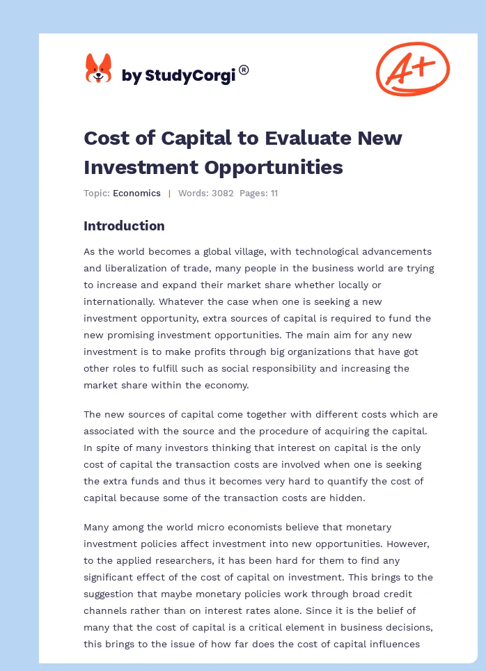 Cost of Capital to Evaluate New Investment Opportunities. Page 1