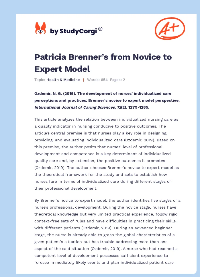 Patricia Brenner’s from Novice to Expert Model. Page 1