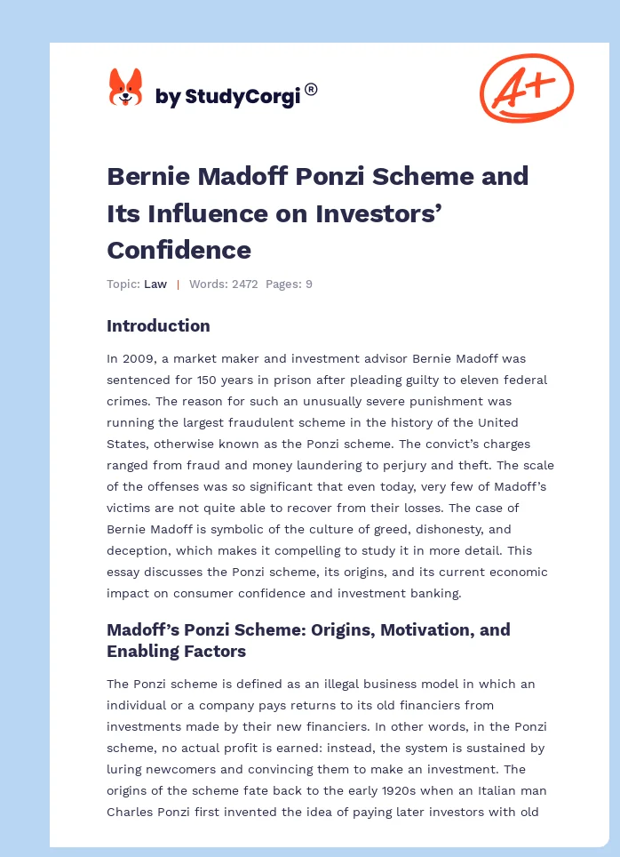 Bernie Madoff Ponzi Scheme and Its Influence on Investors’ Confidence. Page 1