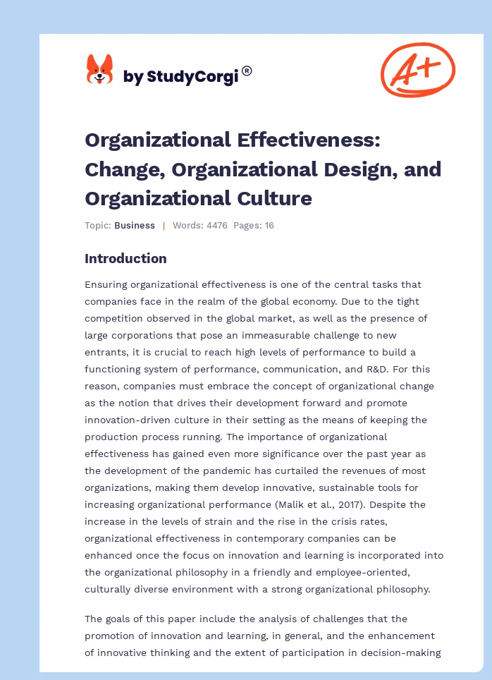 Organizational Effectiveness: Change, Organizational Design, and Organizational Culture. Page 1