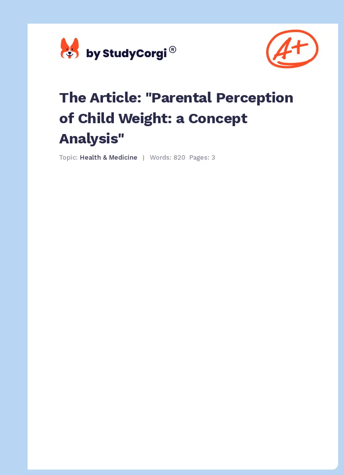 The Article: "Parental Perception of Child Weight: a Concept Analysis". Page 1