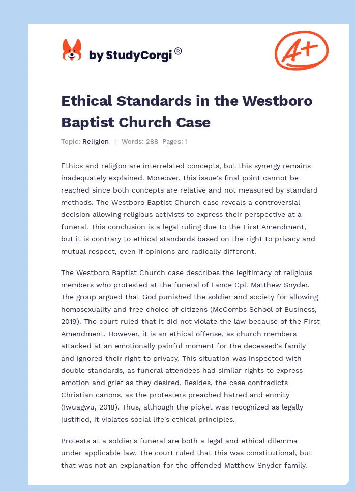 Ethical Standards in the Westboro Baptist Church Case. Page 1