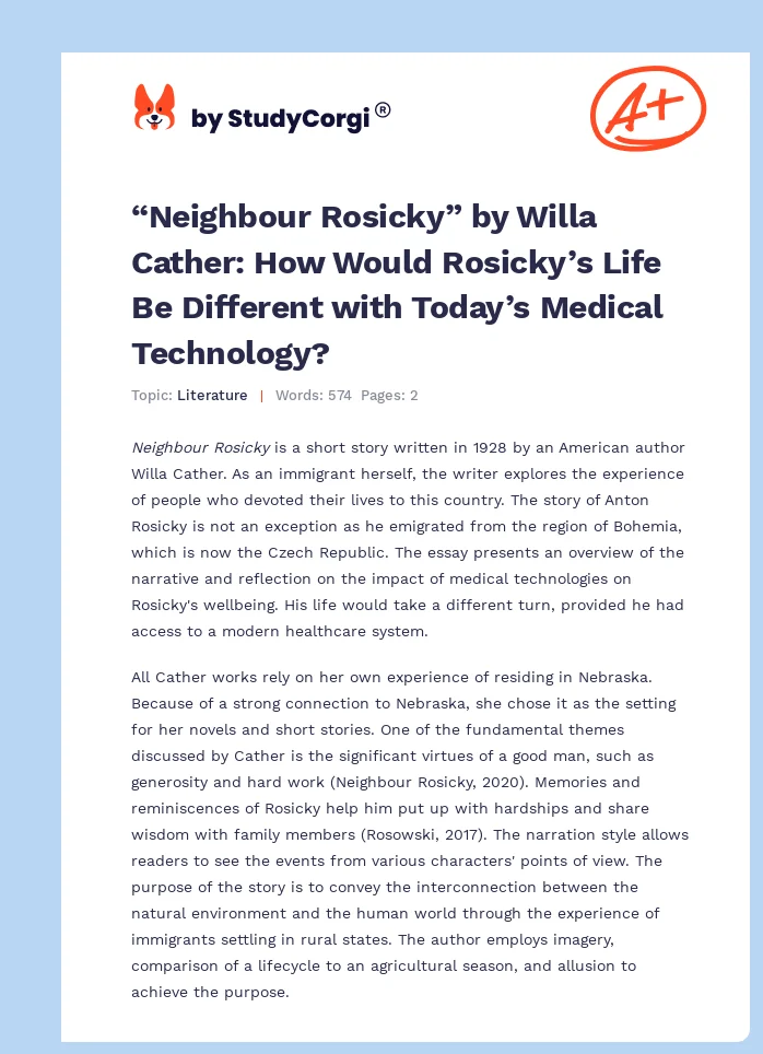 “Neighbour Rosicky” by Willa Cather: How Would Rosicky’s Life Be Different with Today’s Medical Technology?. Page 1
