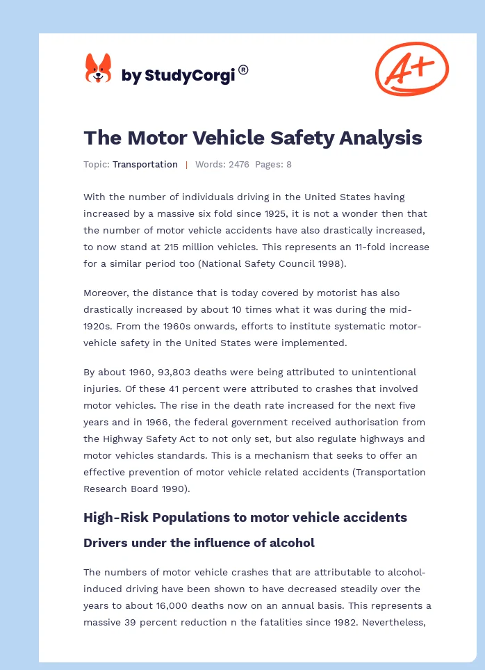 The Motor Vehicle Safety Analysis. Page 1