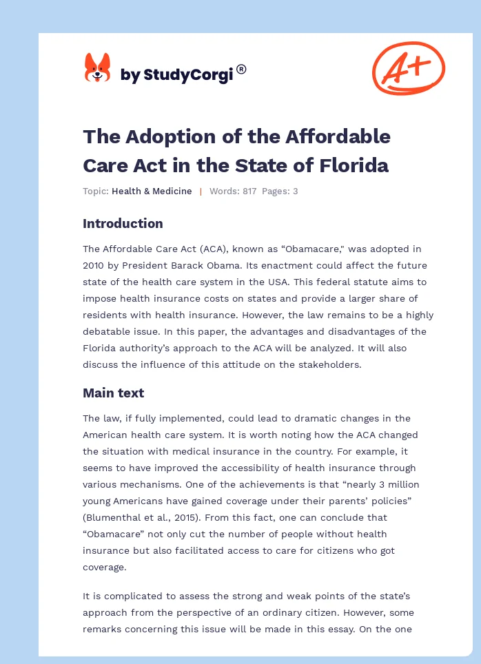 The Adoption of the Affordable Care Act in the State of Florida. Page 1