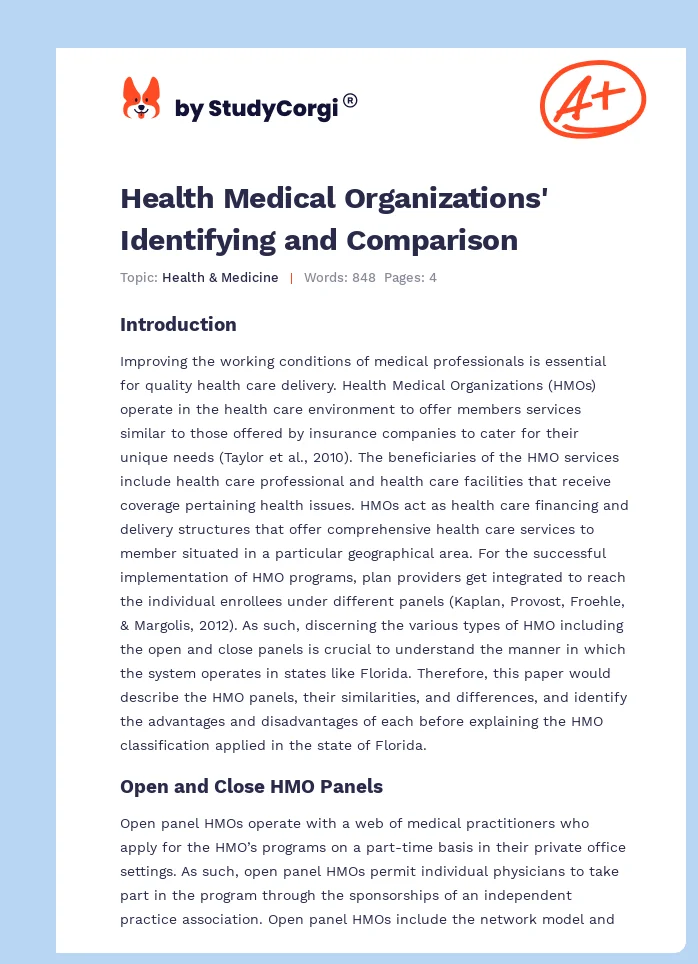 Health Medical Organizations' Identifying and Comparison. Page 1