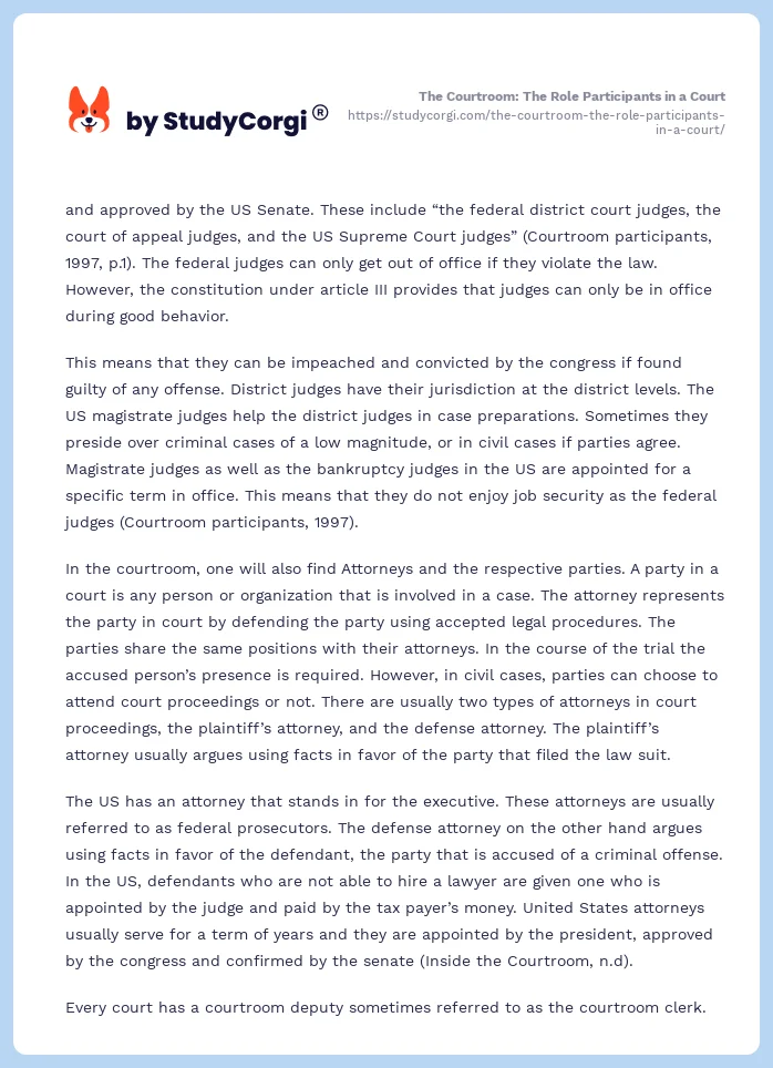 The Courtroom: The Role Participants in a Court. Page 2